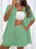 Women's Casual Solid Color Shirt & Shorts Set - Single-Breasted, Short-Sleeved