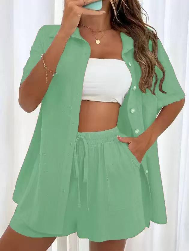 Women's Casual Solid Color Shirt & Shorts Set - Single-Breasted, Short-Sleeved