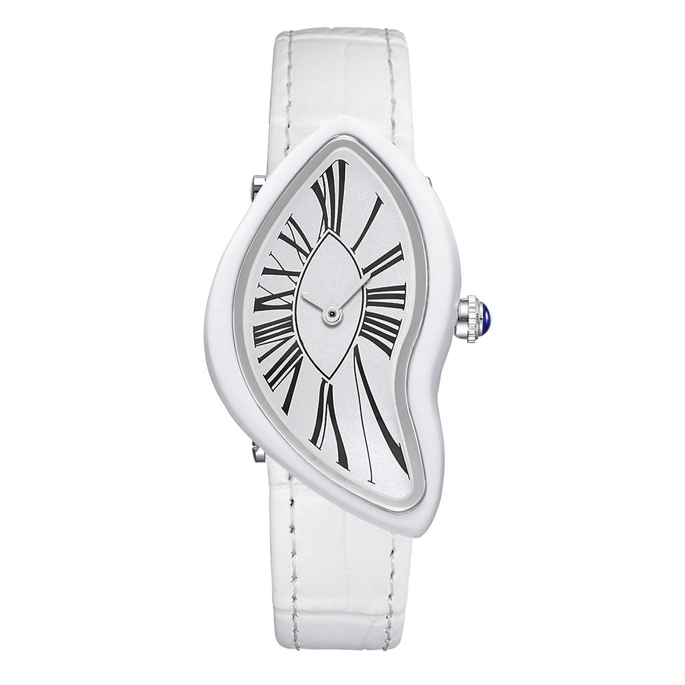 Dali Schmelzende Verzerrte Uhr Unregelmäßiges Römisches Zifferblatt Schwarzes Echtes Lederarmband Surrealistische Kunst Damenuhr Quarz Armbanduhr