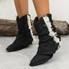 Vintage Thick Heel Women Denim Western Cowgirl Boots Fashion Slip On Shoes Autumn Winter Ladies Tassels Short Booties