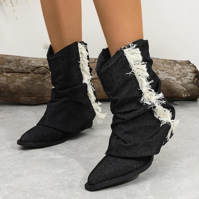 Vintage Thick Heel Women Denim Western Cowgirl Boots Fashion Slip On Shoes Autumn Winter Ladies Tassels Short Booties