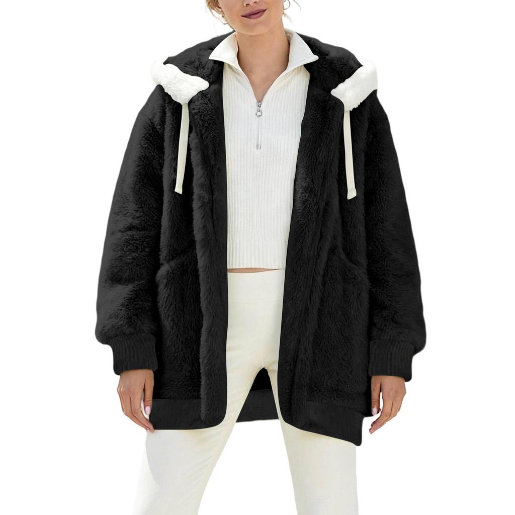 Women's Fashionable Plush Solid Color Zippered Hooded Pocket  Long Sleeved Loose Warm Jacket