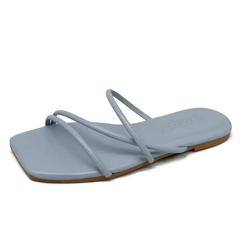 

Модные женские сандалии 2025 Лето Белые сандалии на плоской подошве Роскошные Свадебные Лаконичные Повседневные Свадебные Туфли Ремешок Пляжные Сандалии Римские Шлепанцы 35 светло-синий