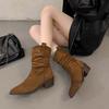 Fashion 2025 New Style High Heels Pleated Boots for Women Autumn Winter Leather Western Boots Woman Thick Heeled Boots