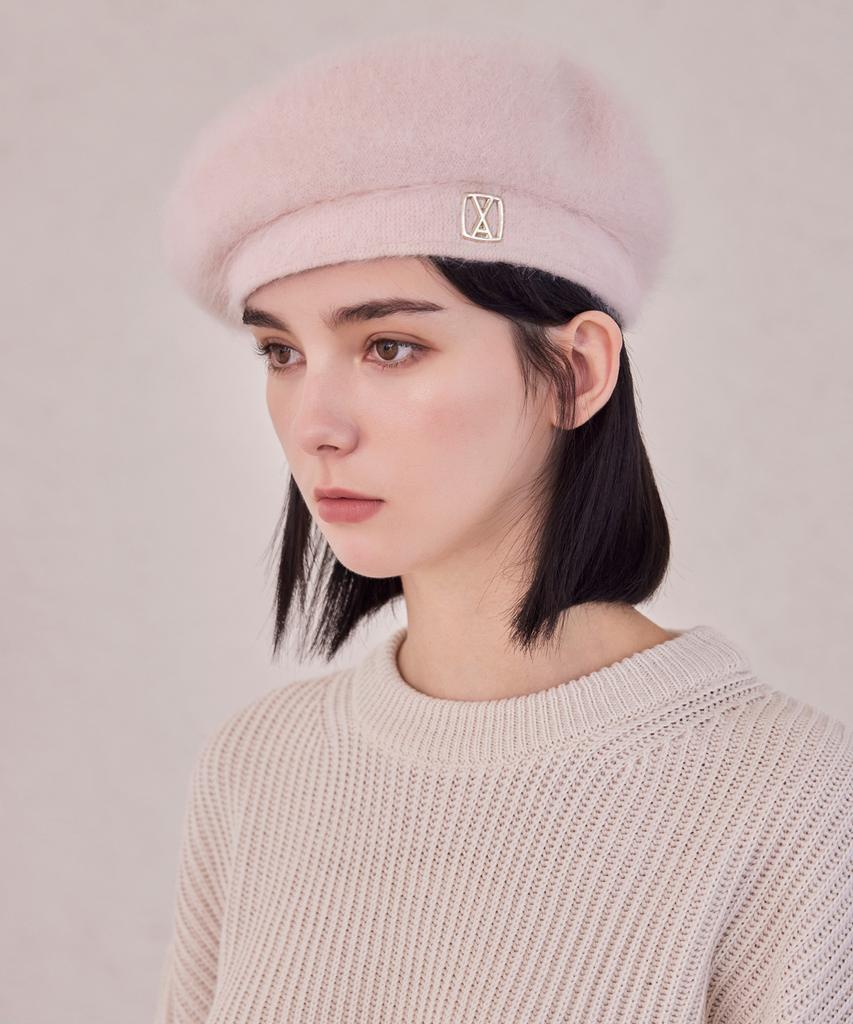 Bajal Va Square Studded Angora Beret Pink