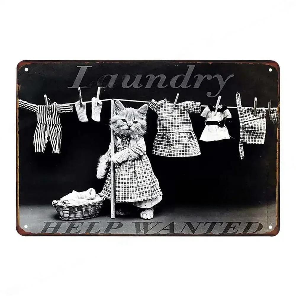 Vintage Fun Laundry Room Metal Tin Sign Plaque Black Cat Posters Decorative Plates For Home Laundry Room Bathroom Wall Decor