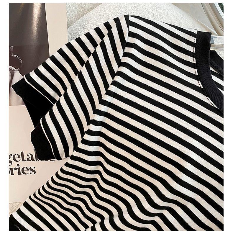 Women's Fashion Black Striped Summer Two-Piece Set: Casual Short-Sleeved Top and Wide-Leg Shorts