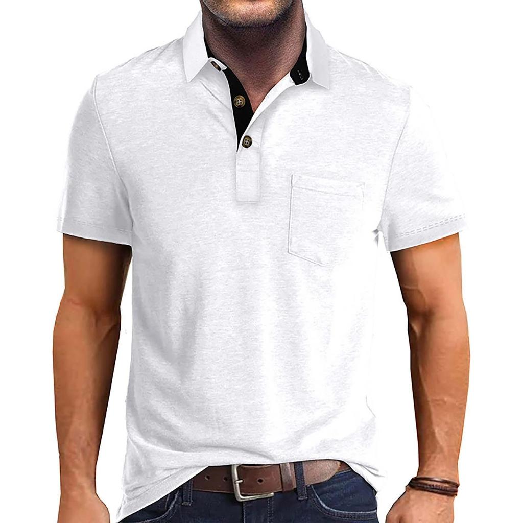 Men's Summer Solid Color T-shirt With A 3 Button Open Collar And Button Up Short Sleeved Top