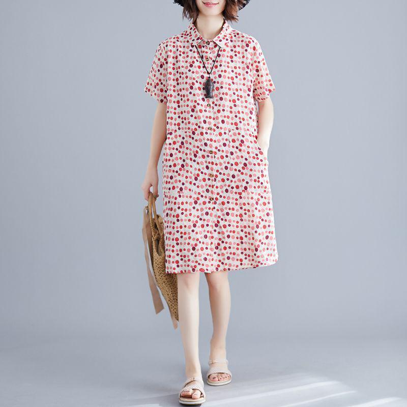 

Peach Blossom Polka Dot A-Line Shirt Dress in Rose Red M (95-115 jin)