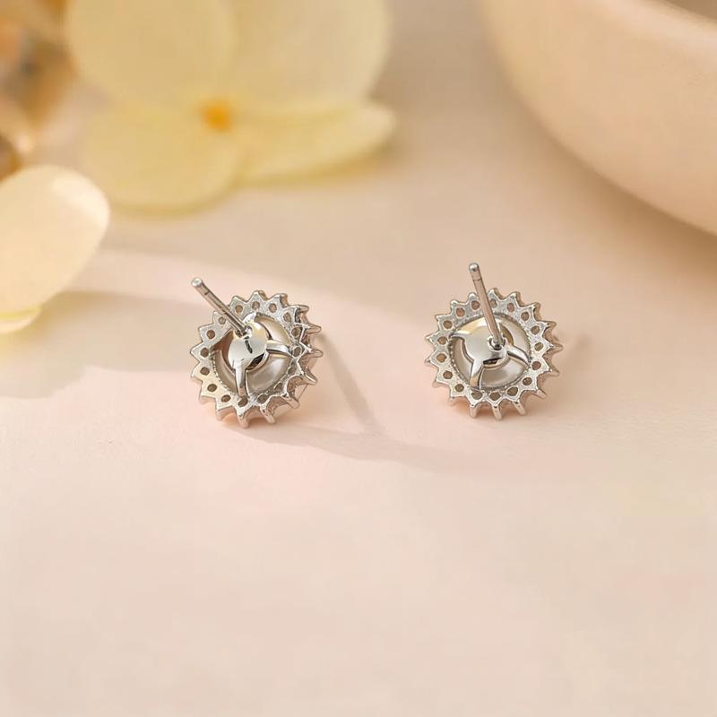 Beixi Silver Sunflower Stud Earrings: S999 Silver Needle, Shell Pearl, Rhinestones, Classic & Elegant Design.