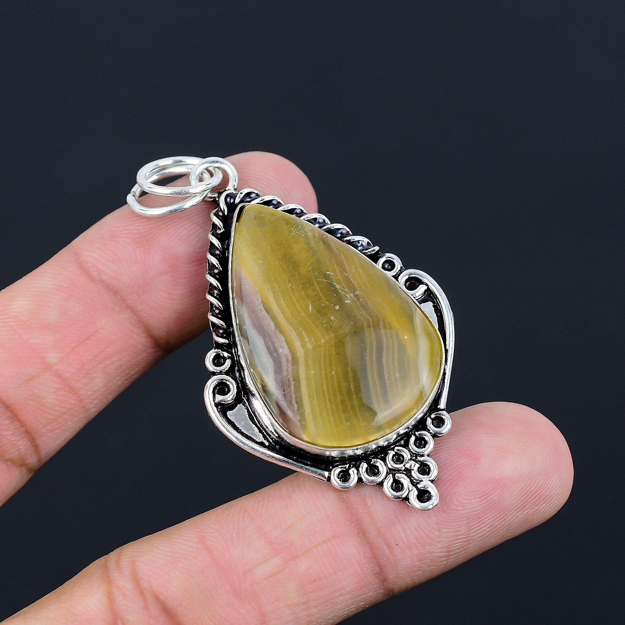 925 Silver Pear Multi Fluorite Gemstone Birthday Engagement Wife Pendant Jewelry