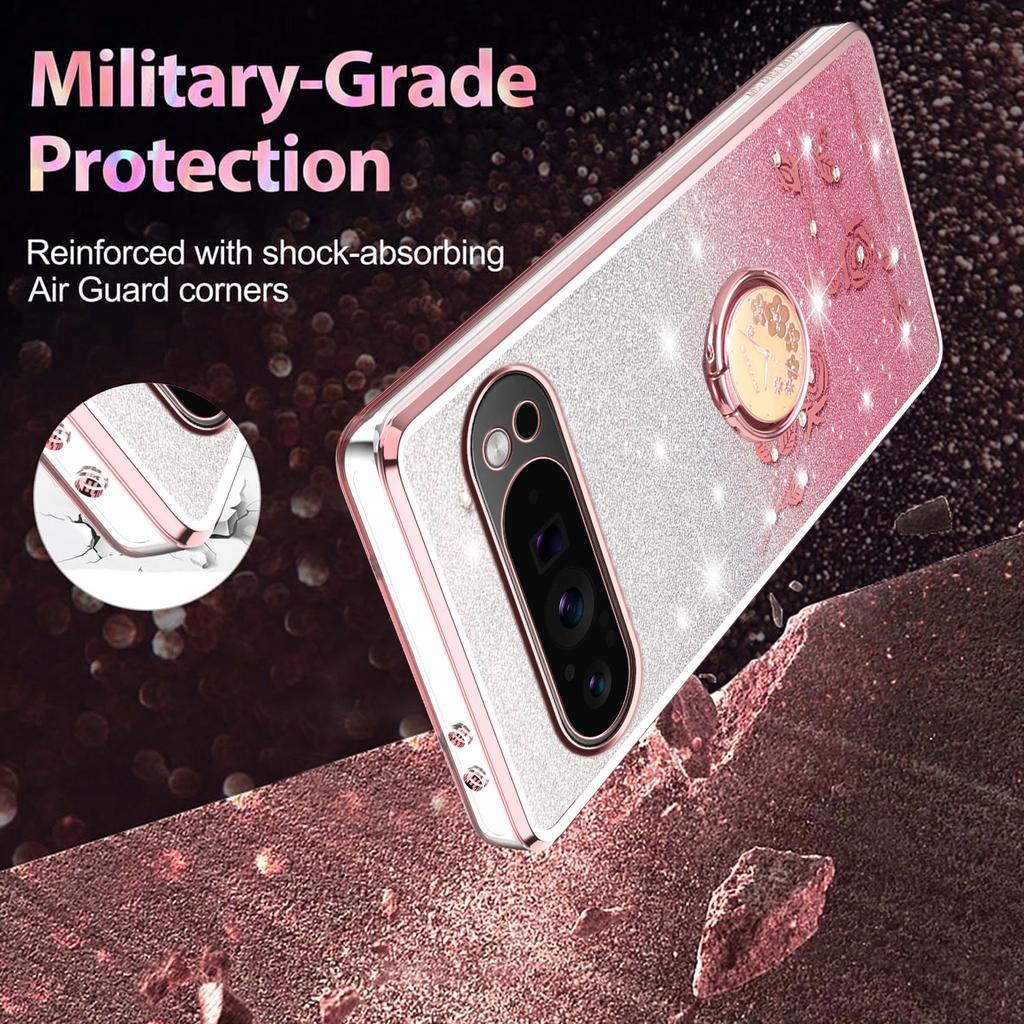 KADEM For Google Pixel 10/10 Pro Case Ring Kickstand TPU Flowers Phone Cover Gradient Glitter