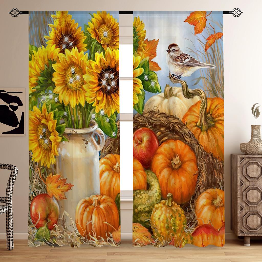 Sunflower Gold Vase Print Curtains, Pocket Window Treatment for Bedroom, Office, Kitchen, Living Room, Home Decor, Girl, 2Pcs