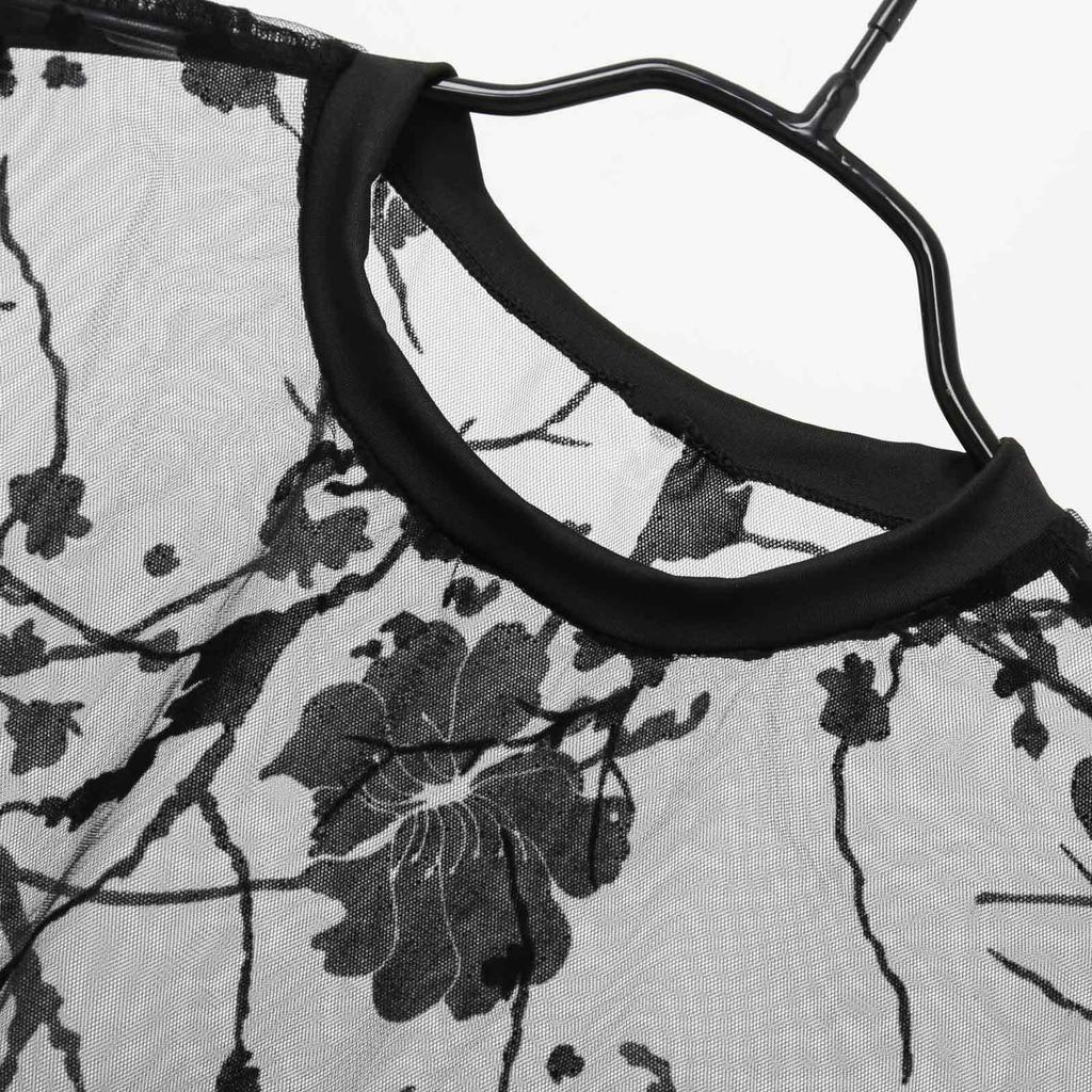 T-shirt da uomo estiva nuova con design floreale, floccata, girocollo, rete trasparente, manica corta sottile