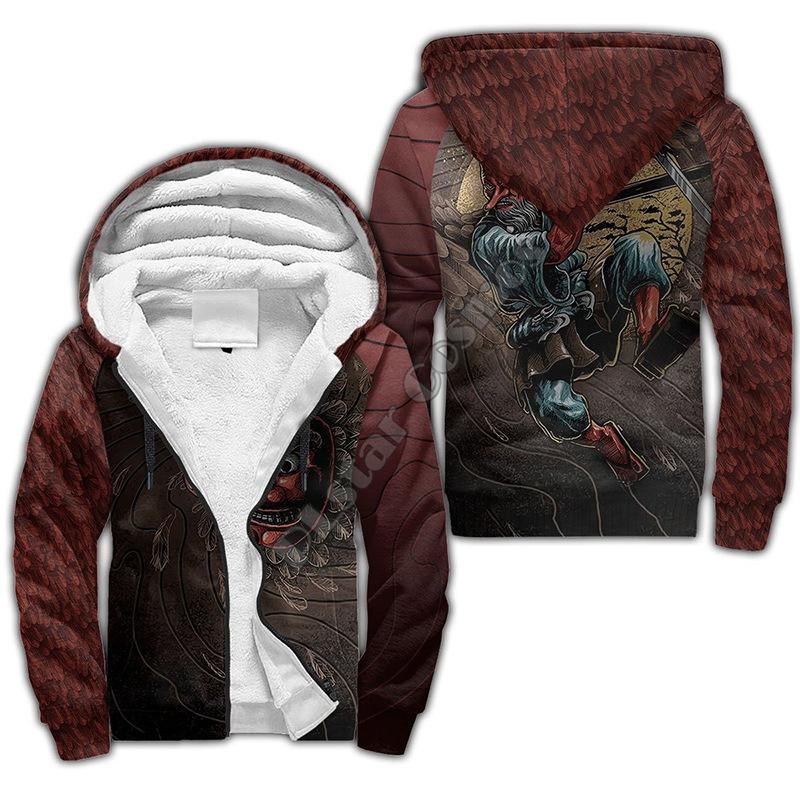 Moletom Quente de Veludo Estilo Outono e Inverno para Homens Conforto e Casual Moletom Cardigã com Capuz Estampado Digital 3D Tatuagem
