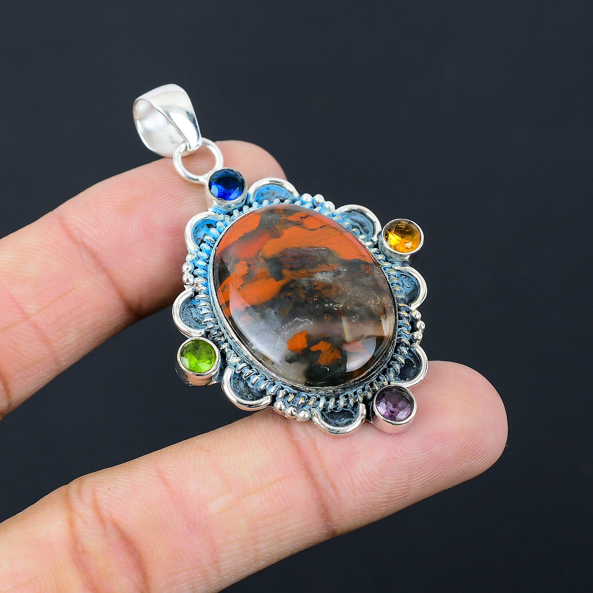 Red Snakeskin Jasper Gemstone Citrine Birthday Pendant Jewelry Sterling Silver