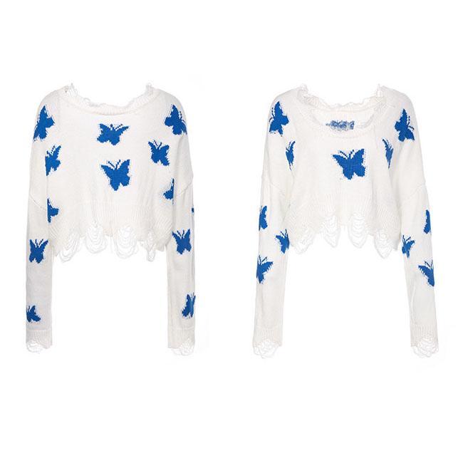 Sweater Butterfly Knitted Top Off shoulder Ripped Short Korean Lazy Style Short Sweater Women's Summer and Autumn