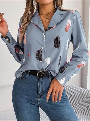 Blusa Estampado Plumas Mujer Moda Otoño Invierno Fiesta Oficina Dama Blusas Cuello Solapa Manga Larga Abullonada Tops Botones