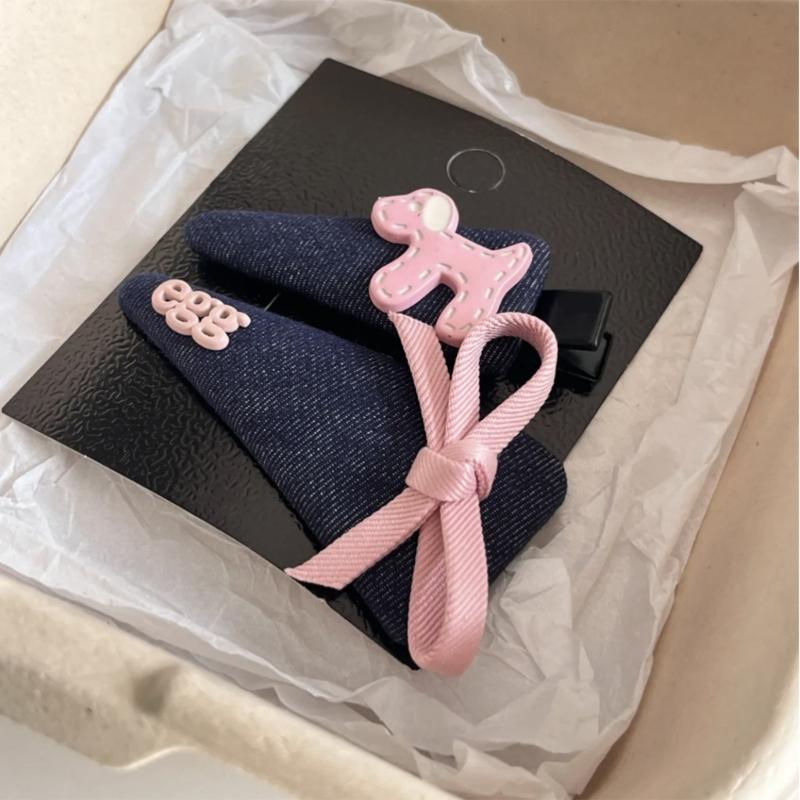 Casual Barrettes Hair Clip Puppy Sweet Denims Flat Clip Hairpin Denims Bowknot 2000s Hair Clip for Bunches