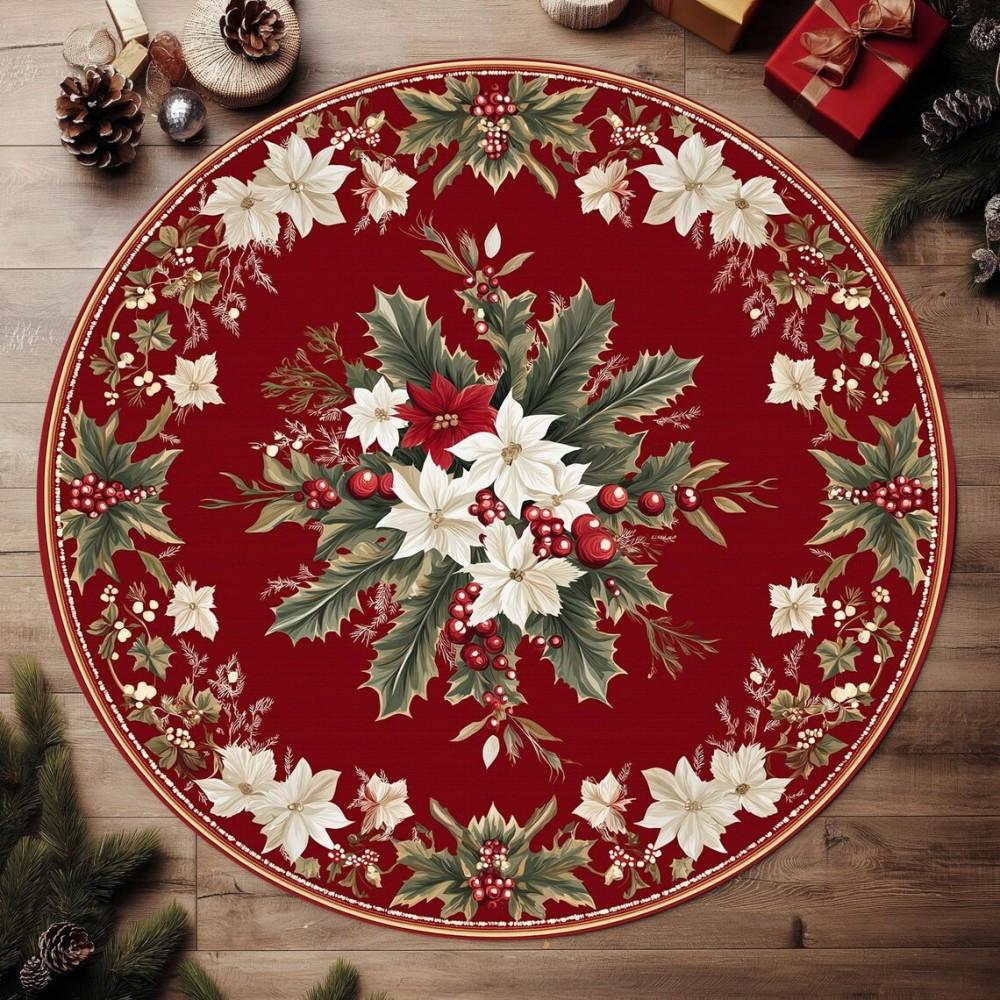 Christmas Poinsettia Floral Area Rugs Non-Slip Washable Round Carpet for Bedroom Living Room Round Rug Holiday Decor Floor Mat