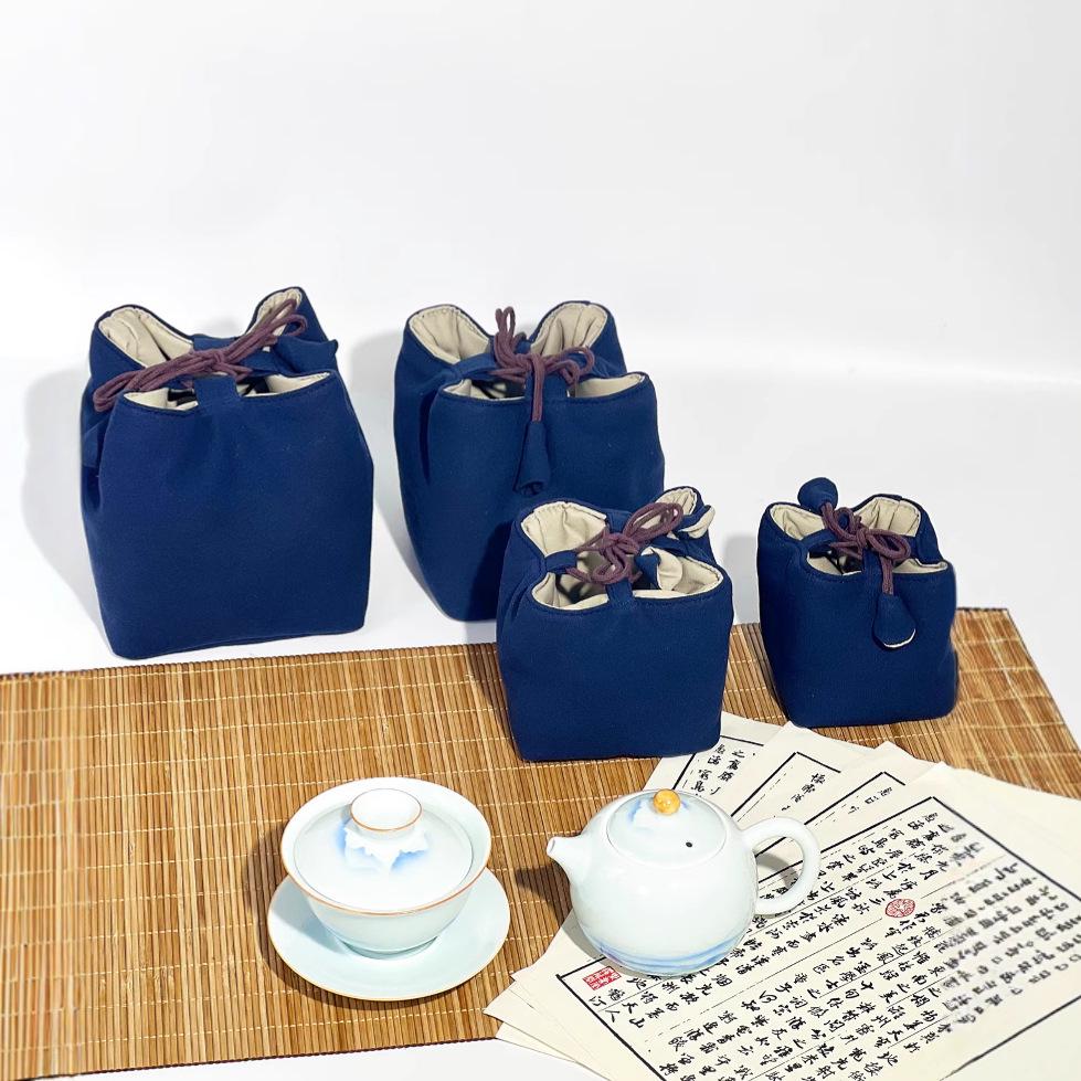 Compact Travel Tea Set with Bag: One Pot, Four Cups - Durable Cotton Linen