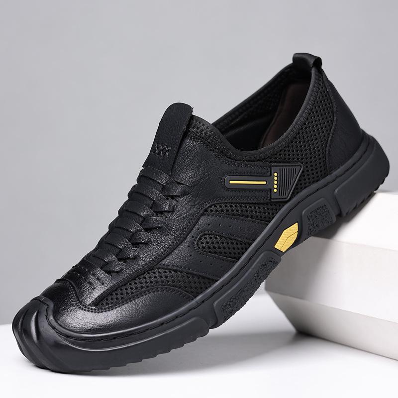 2025 Men's Spring and Summer New Leather Mesh Sports Casual Breathable Men's Shoes Hand-stitched Foot Shoes 0935