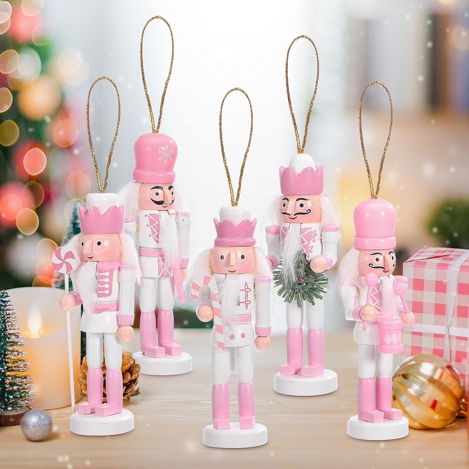 IMIKEYA Christmas Nutcracker Figure: 5PCS Pink Wooden Nutcracker Hanging Christmas Nutcracker Ornament Nutcracker Christmas Decoration Nutcracker