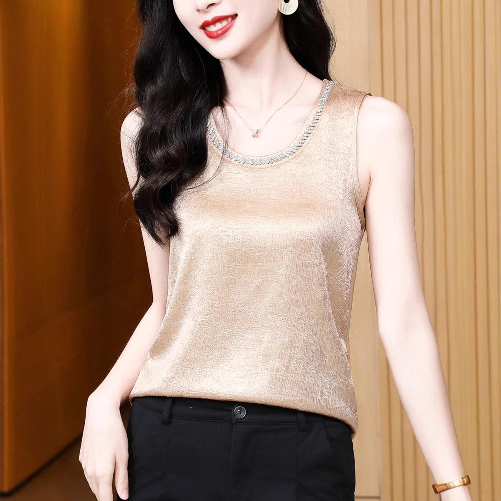 Korean Version of Latest Versatile Temperament Texture and Texture Heavy Industry Bead Vest Womens Off-shoulder Temperament Inner Sleeveless Base