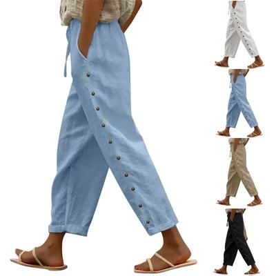Kadın rahat şerit baskı yan düğmeli moda pantolon Baggy elastik bel düz bacak konfor pantolon cepli