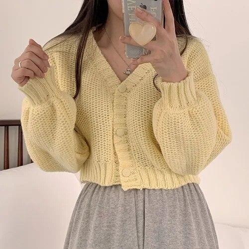 Sexy Sweet Short Knitted Cardigan Sweet Korean V Neck Lantern Sleeve Sweaters for Women Fall Wild Simple Cropped Pink Cardigan Coat
