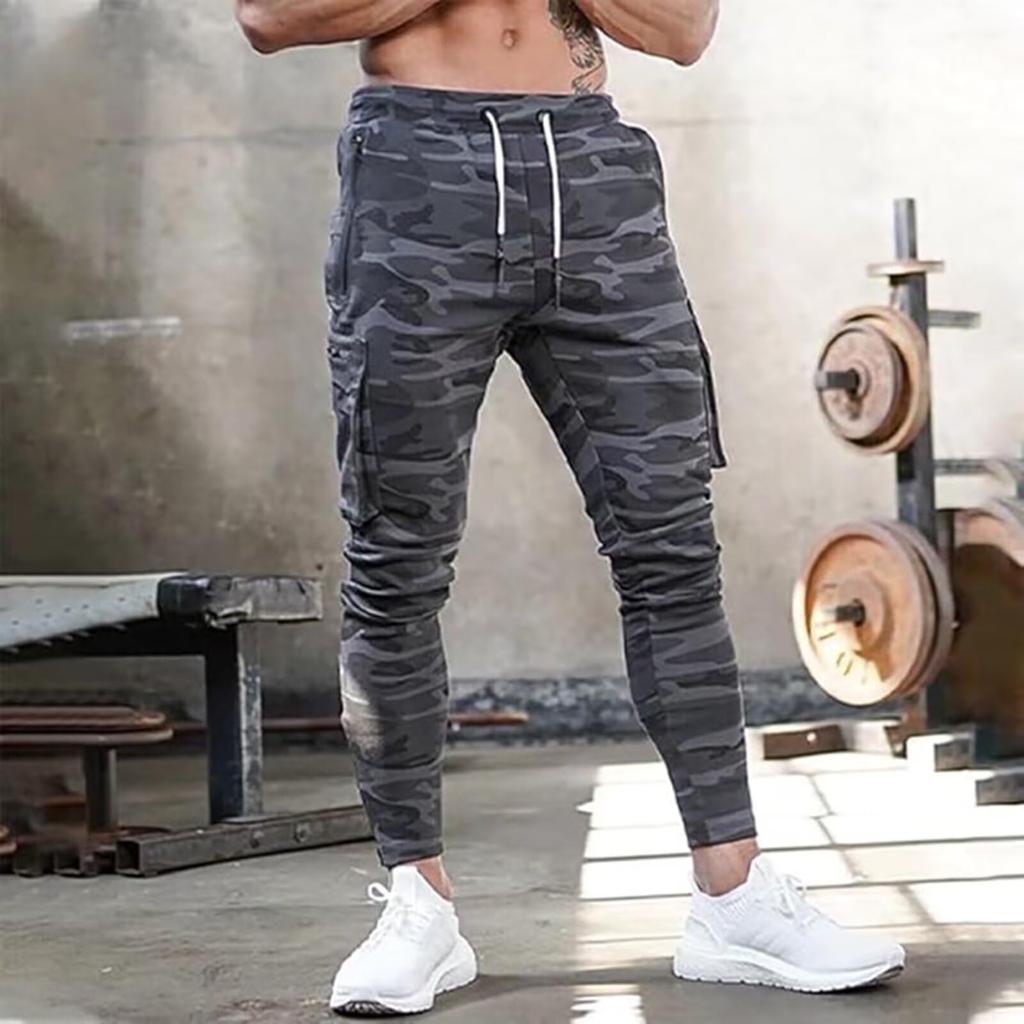 [Mechieng] Men's Jogger Pants, Training Wear, Multi-Pocket, Strength Training, Fitness Pants, Slim Fit, Cotton, Gym Wear, Camouflage Gray, 2XL