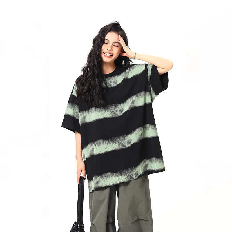 

Women s 2025 Retro Striped Spray Paint Short Sleeve T-Shirt - Summer Loose Fit Design S [Premium Version]