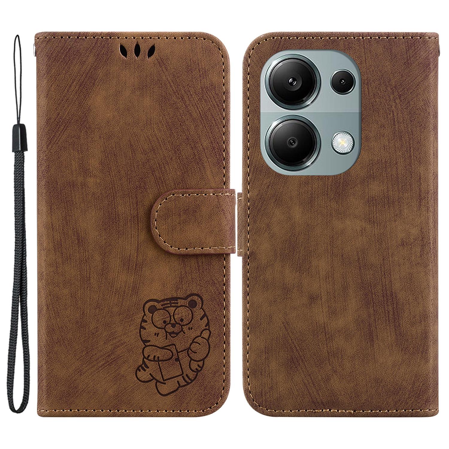 

For Xiaomi Redmi Note 13 Pro 4G/Poco M6 Pro 4G Leather Case Cute Tiger Imprinted Phone Cover Brown