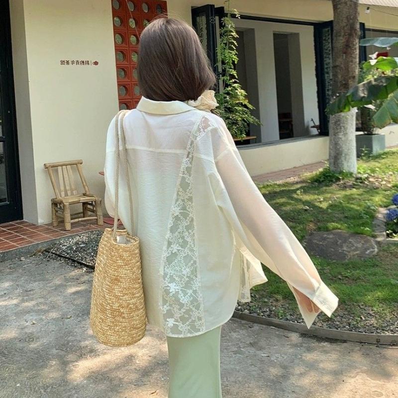 Camisa Protetora Solar Feminina de Verão Estilo Coreano Pequeno e Fresco Camisa de Renda Costurada Manga Comprida Casaco Leve e Respirável
