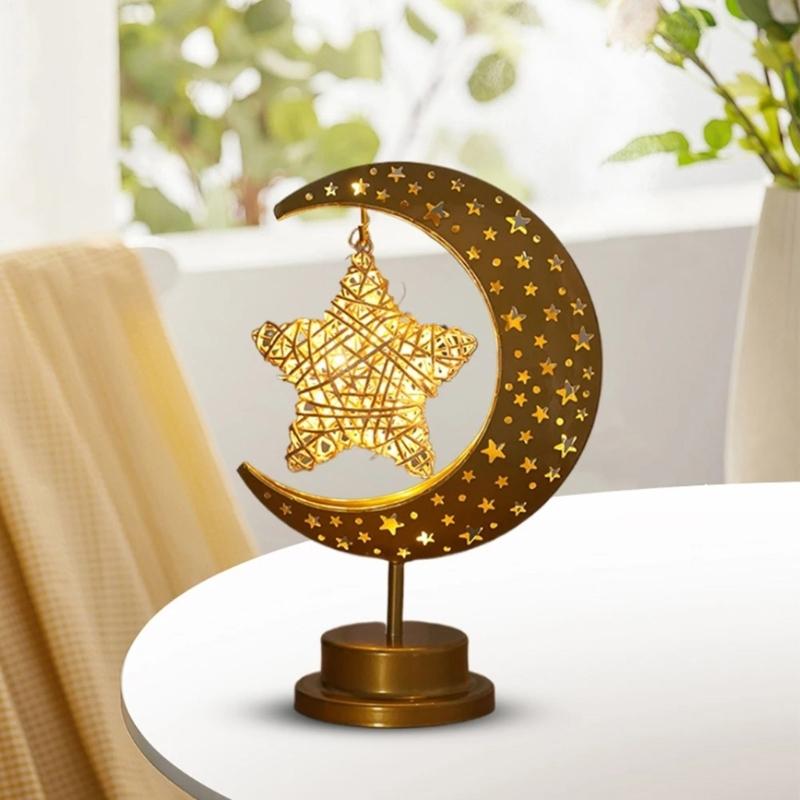Eid Decors Moon Table Lamp Battery Operated Crescents Lamp Half Moon Light Metal Ramadans Star Lamp Home Decors