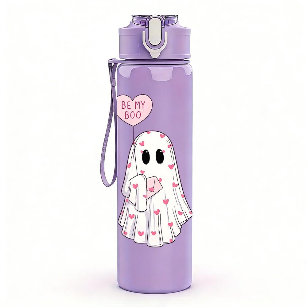 1PC Cute Ghost With Pink Heart Print 750ml Color Plastic Sports Water Bottle Leakproof Flip Straw Lid Suitable for Sports Office Home Use