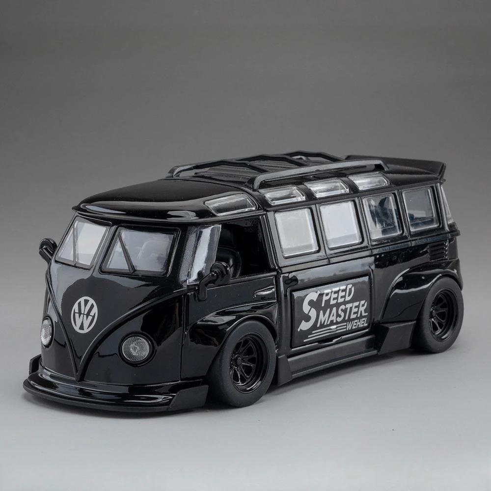 1:32 Scale T1 Coaster BUS Car Models Toy Doors Opened Metal Diecast Sound Light Pull Back Van Models Hobby Ornaments for Kids