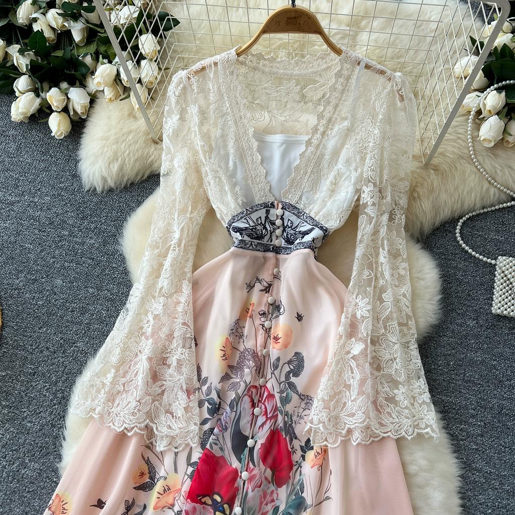 Frühling Herbst Frauen Elegante Spitze Flare Ärmel Tiefem V-Ausschnitt Print Lange Maxi Urlaub Party Kleider