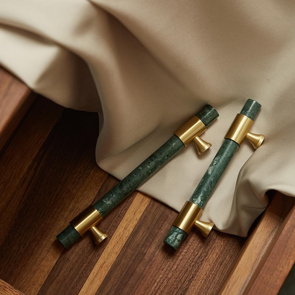 

155mm Kitchen Cabinet Door Bar Pull Marble+Brass Home Decor Hardware Handle with 25mm Screw,96mm Hole Distance Blackish Green