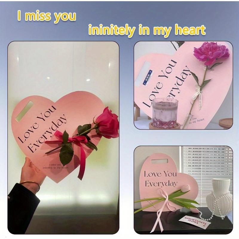 Handheld Flower Wrapping Box Heart Shaped Flower Tote Single Rose Bouquet Packaging Floral Boxes for Valentine's Day Mother's Day Wedding(Pink)