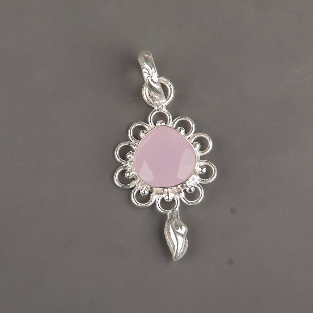 Rose Chalcedony Gemstone 925 Sterling Silver Jewelry Handmade Boho Pendant 1.80" PP-4-16