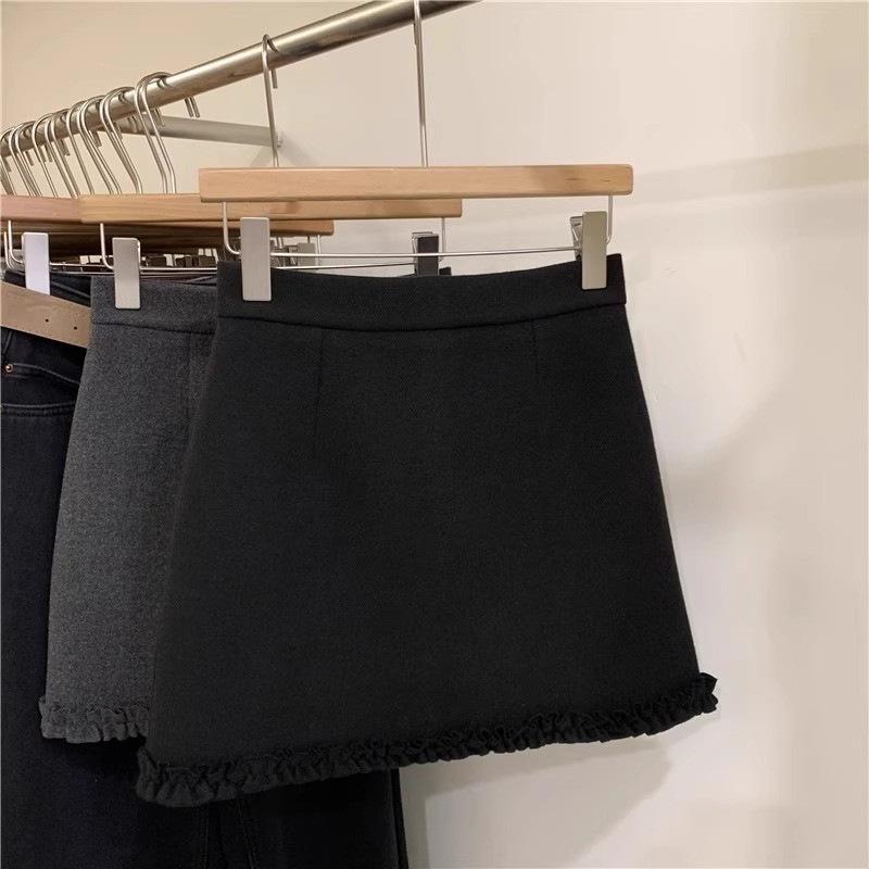 Woolen High-Waist A-Line Skirt for Women - Spring/Autumn Lace Patchwork Short Skirt L