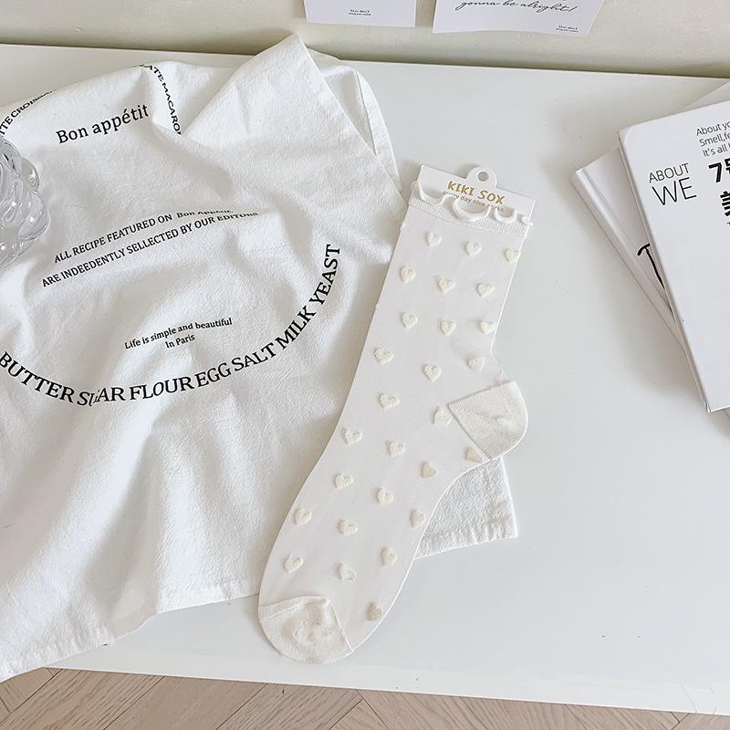 

JK Lace Women’s Black & White Heart Pattern Mid-Calf Silk Socks - Internet Celebrity Striped Design One Size