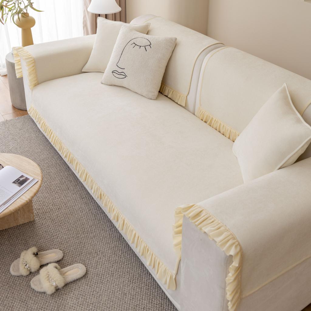 Fabric Sofa Cushion Cover Non-Slip Backrest Towel Cushion Four Seasons Universal Chenille Japanese Korean Style Living Room Solid Color Cover Cloth