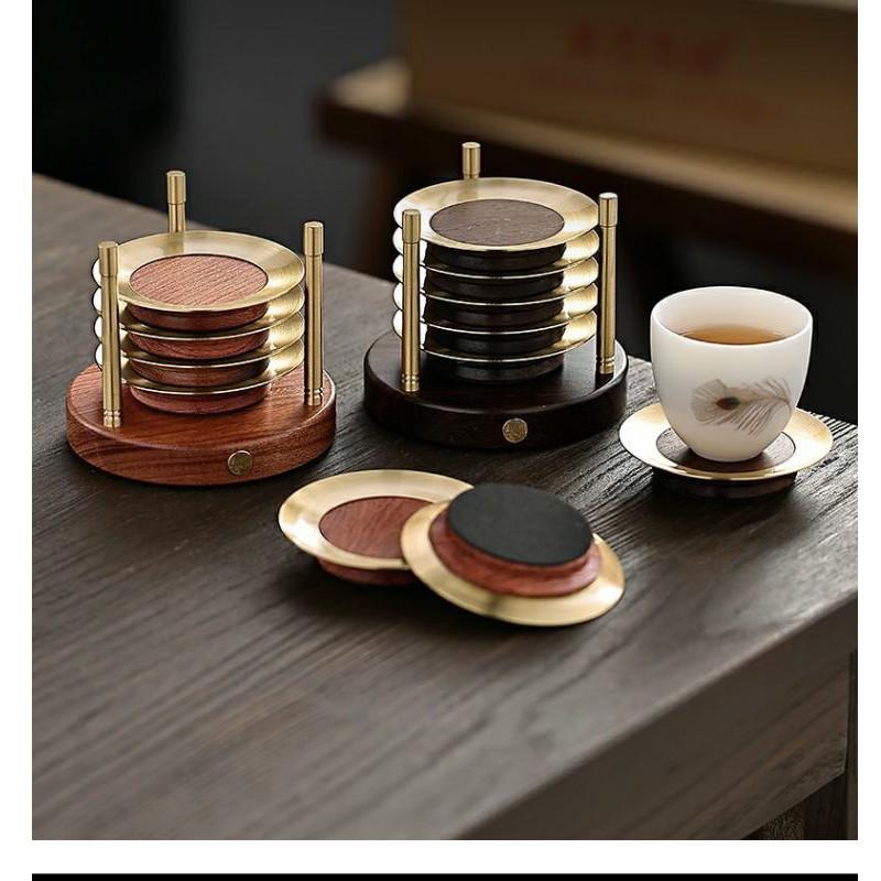 Handcrafted Rosewood Ebony Wood Coaster Set With Copper Inlay Tea Cup Heat Resistant Desktop Drink Mat