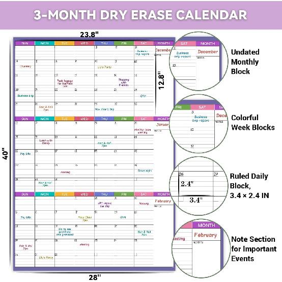 Dry Erase Calendar for Wall - Undated 3 Month Wall Calendar, 28'' X 40'', Erasable & Reble Wall Calendar, Dry Erase Calendar for Home, Office and
