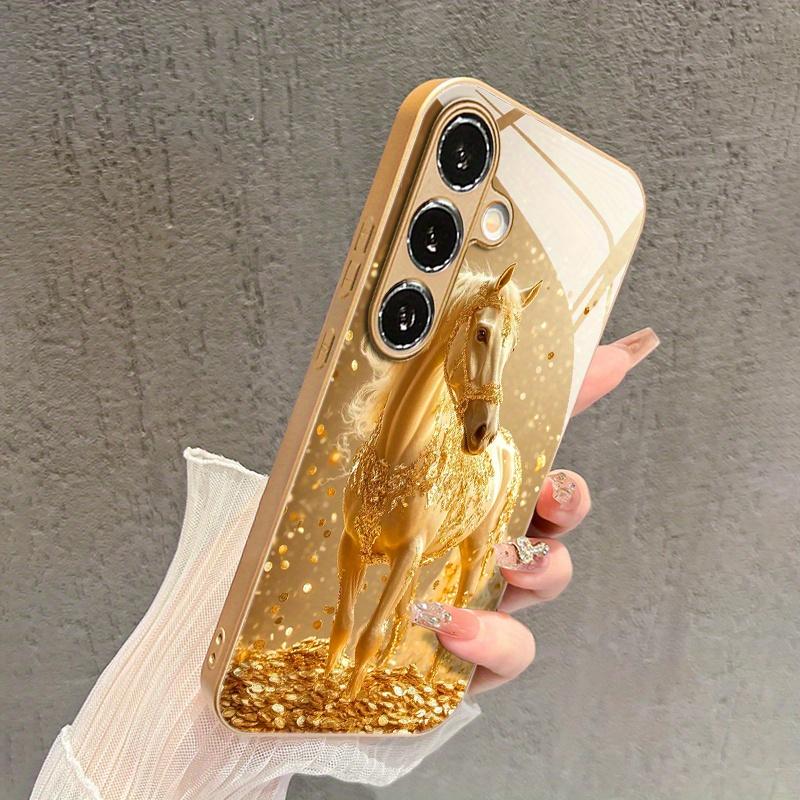 Stylish Golden Horse Pattern Glass Phone Case for Galaxy Ultra S24 S24 FE S24 Ultra S25 S25 Ultra S25 Plus S25 Edge