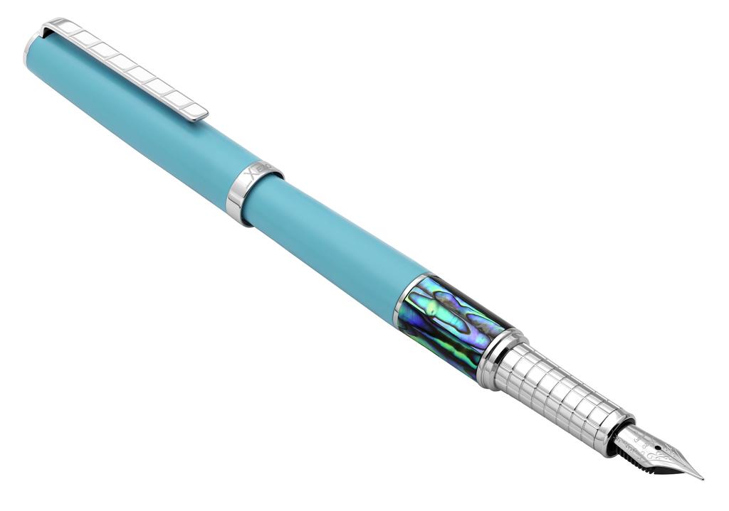 Xezo Speed Master Fountain Pen, Fine Nib. Matte Sky Blue, Paua Abalone Shell. Chrome-plated. Lightweight Brass Body.
