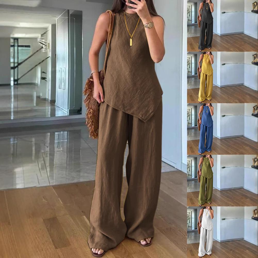 Ensemble Top Sans Manches et Pantalon Large pour Femme en 6 Couleurs