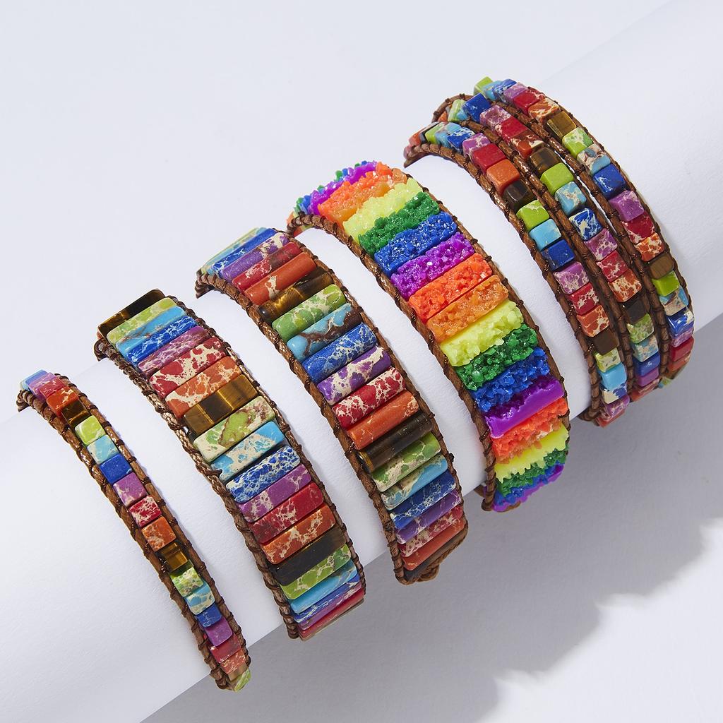 RINHOO Chakra Bracelet Jewelry Handmade Multicolor Natural Stone Tube Beads Leather Wrap Bracelet Couples Bracelets Gifts